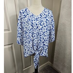 ViiShow Women's XL Blue & White Floral Print Tie Front‎ Blouse Top